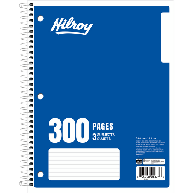 CAHIER DE NOTES 3 SUJETS À LIGNES LARGES DE HILROY, 10-1/2 X 8 PO, 300 PAGES, BLEU