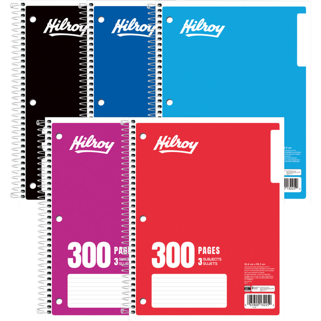 CAHIER DE NOTES LIGNÉ 3 SUJETS DE HILROY, 10-1/2 X 8 PO, 300 PAGES