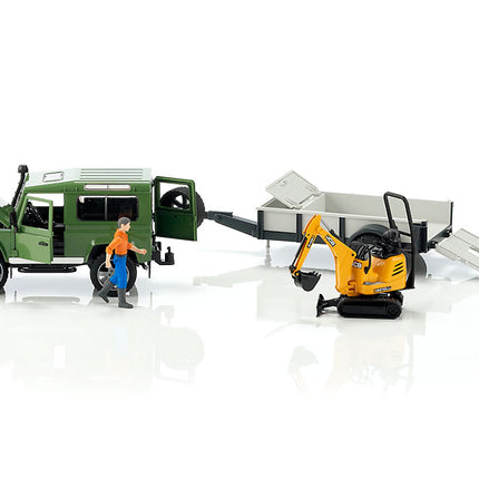 Land rover defender avec remorque, cat et figurine - bruder 02593