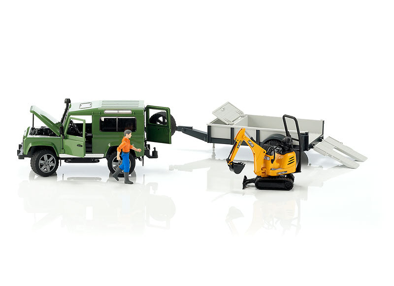 Land rover defender avec remorque, cat et figurine - bruder 02593