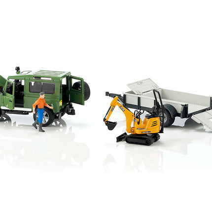 Land rover defender avec remorque, cat et figurine - bruder 02593