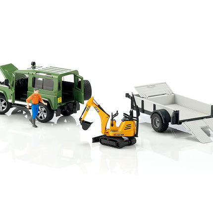 Land rover defender avec remorque, cat et figurine - bruder 02593