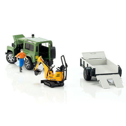 Land rover defender avec remorque, cat et figurine - bruder 02593