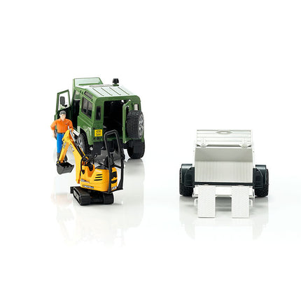 Land rover defender avec remorque, cat et figurine - bruder 02593