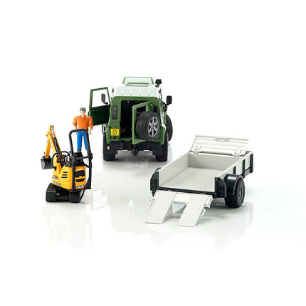 Land rover defender avec remorque, cat et figurine - bruder 02593