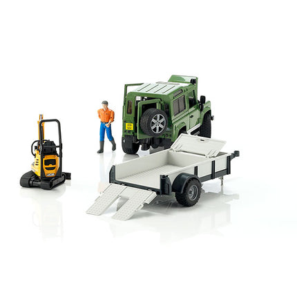 Land rover defender avec remorque, cat et figurine - bruder 02593