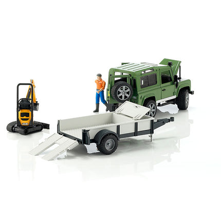 Land rover defender avec remorque, cat et figurine - bruder 02593