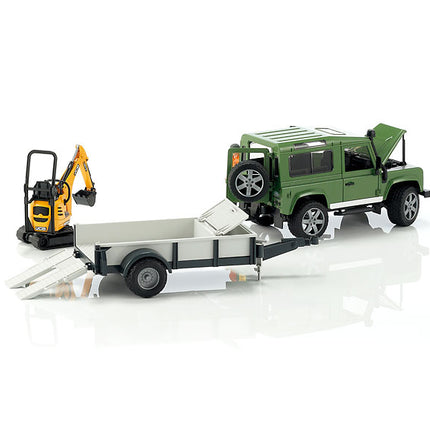 Land rover defender avec remorque, cat et figurine - bruder 02593
