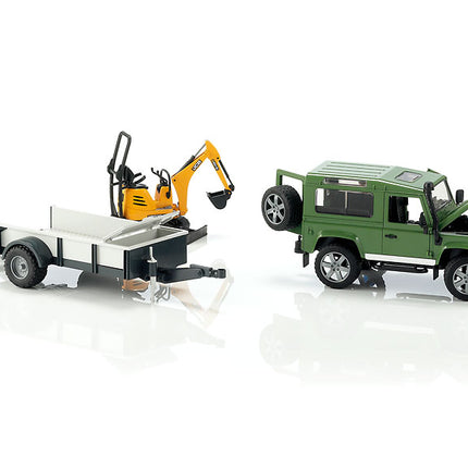 Land rover defender avec remorque, cat et figurine - bruder 02593