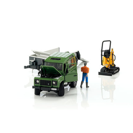 Land rover defender avec remorque, cat et figurine - bruder 02593