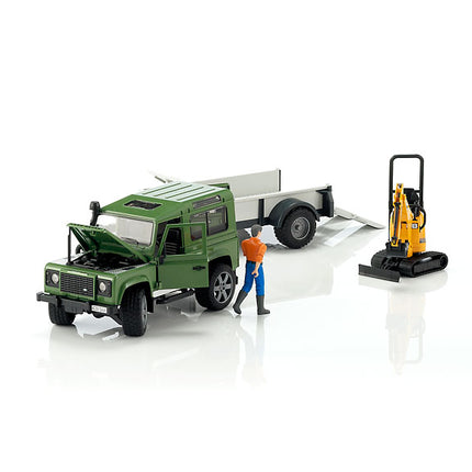Land rover defender avec remorque, cat et figurine - bruder 02593