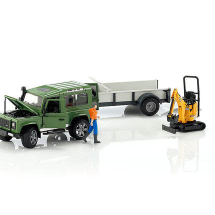 Land rover defender avec remorque, cat et figurine - bruder 02593