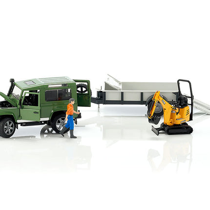 Land rover defender avec remorque, cat et figurine - bruder 02593