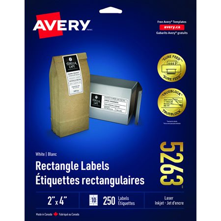 Étiquettes rectangulaires blanches Paquet de 25 feuilles, 4 x 2” (250)