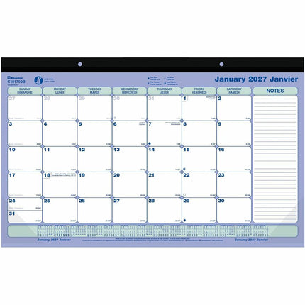 Blueline® 2027 Calendrier sous-main mensuel, 12 mois, janvier à décembre, 17,8 po (450,85 mm) x 10,9 po (276,86 mm), bilingue - 1 chaque