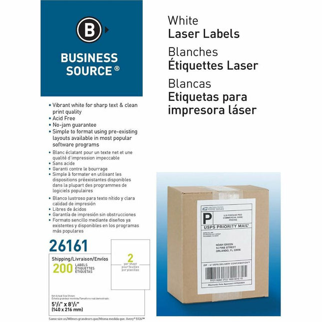 Business Source - Étiquettes d'expédition 2/page, 100 feuilles