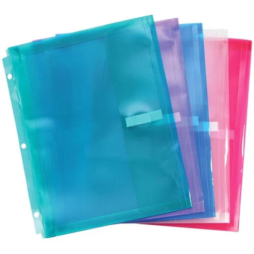 Enveloppe de plastique perforée horizontal format lettre attache velcro couleur ass.