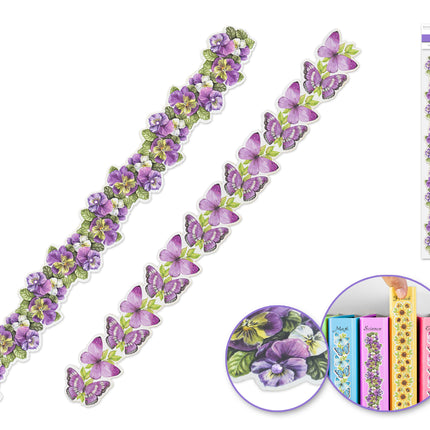 Floral borders and purple pansy butterflies