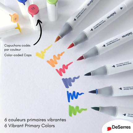 ENSEMBLE MARQUEURS ALCOOL DOUBLE POINTE COULEURS PRIMAIRES - 6 PIÈCES