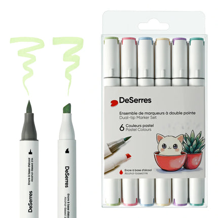 ENSEMBLE MARQUEURS ALCOOL DOUBLE POINTE COULEURS PASTELS - 6 PIÈCES