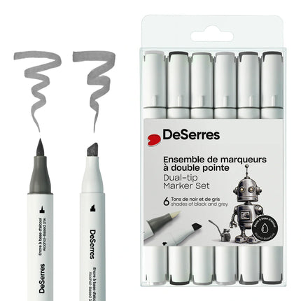 DUAL-TIP ALCOHOL MARKER SET BLACK AND GREY - 6 PIECES