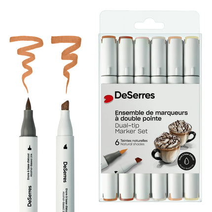 ALCOHOL DUAL-TIP MARKER SET NATURAL SHADE COLOURS - 6 PIECES