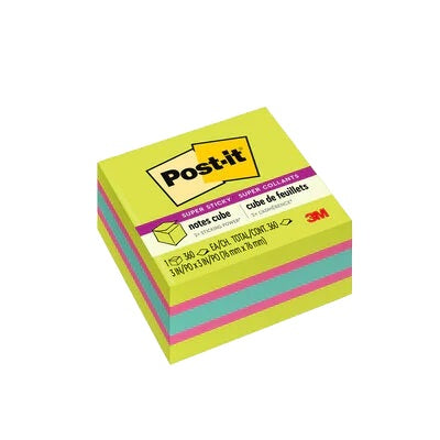 Cube Pour Feuillets Super Collants De Post-It, 3 X 3 Po, 360 Feuilles Par Bloc, Couleurs Vert, Fuchsia Et Aqua Assorties