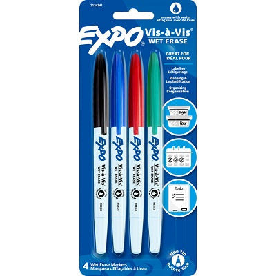 Vis-a-vis water-erasable marker fine tip 4/pack
