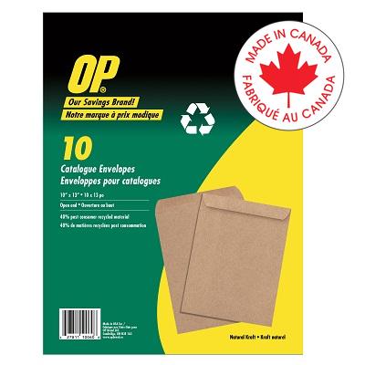PAQUET DE 10 ENVELOPPES POUR CATALOGUE DE MARQUE OP, 10 X 13 PO, KRAFT