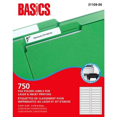 Étiquettes Pour Chemises De Basics Pour Imprimantes Laser Et Jet D'Encre (750 Étiquettes) 25 Feuilles/Pqt