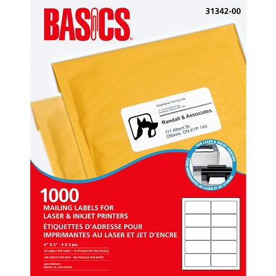 Étiquettes D'Adresse Pour Imprimante Laser De Basics, 4 X 2 Po, (1 000 Étiquettes) Blanc, 10 Feuilles/Boîte