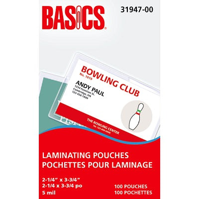 Pochettes De Plastification De Basics, 5 Mil, 2-1/4 X 3-3/4 Po, 100/Pqt