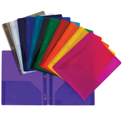 Portfolios de plastique transparent lustré avec attaches et pochettes. 12 couleurs assorties
