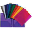 Portfolios de plastique transparent lustré avec attaches et pochettes. 12 couleurs assorties