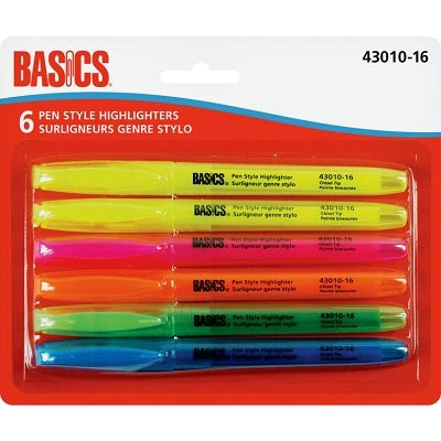 Basics Pen Style Highlighters, Assorted Colors, 6/Pkg 