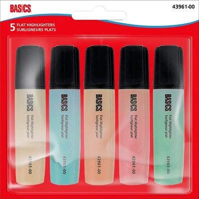 Basics Flat Highlighters, Chisel Tip, Assorted Pastel Colors, 5/Pack