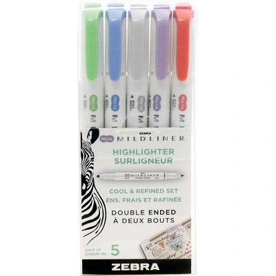 Surligneurs À Double Extrémité Zebrite De Zebra, Couleurs Assorties Froides Et Raffinées, 5/Pqt