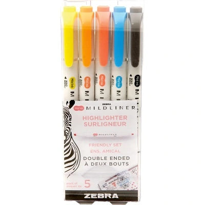 Surligneurs À Double Extrémité Mildliner De Zebra, Couleurs Amicales Assorties, 5/Pqt