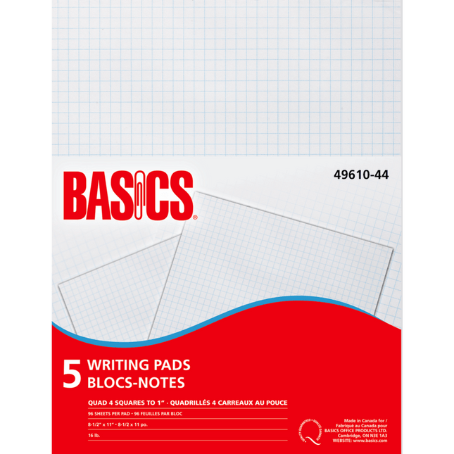 Bloc-notes à calculs - Quadrillé format lettre, marque Basics, paquet de 5