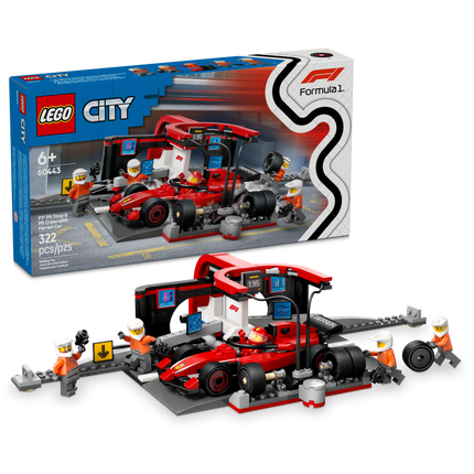 Lego City 60443 L’arrêt au stand et les mécaniciens de F1® avec la voiture Ferrari