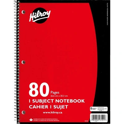 Cahier De Notes 1 Sujet À Lignes Larges De Hilroy, Perforé À Trois Trous, 10-1/2 X 8 Po, 80 Pages, Rouge
