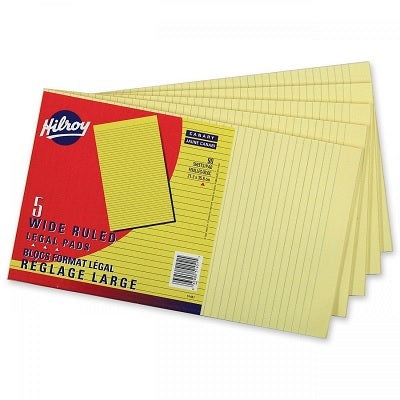 Hilroy Wide Ruled Legal Size Notepad, Canary Yellow, 90 Sheets, 5 Pads/Pack