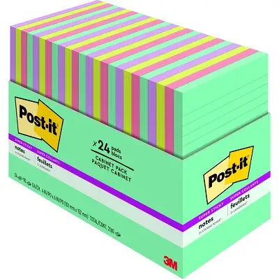 Boîte de rangement de feuillets de liste super collants lignés de Post-it®, 4 x 6 po, collection Éclat de lumière, 24 blocs/pqt