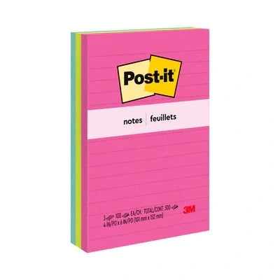 Feuillets Lignés De Post-It, Bloc De 100 Feuillets De 4 X 6 Po, Collection Peptitude Assorties, 3 Blocs/Pqt