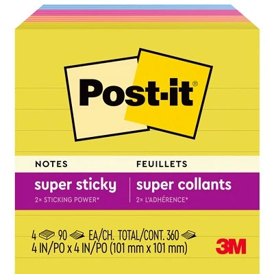 Notes-Post-It, Super Sticky 4X4 Lined Summer Joy 4/Pack