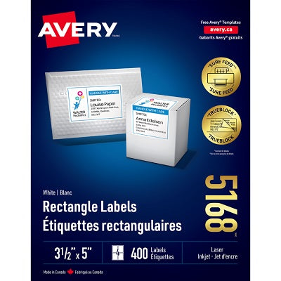 Étiquettes D'Adresse Trueblock De Avery, 3-1/2 X 5 Po (400 Étiquettes), Laser, Blanc, 100 Feuilles/Boîte