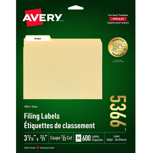 Étiquettes De Classement Trueblock D'Avery, Compatibles Laser Et Jet D'Encre, Blanc, (600 Étiquettes) 20 Feuilles/Pqt