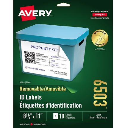 Étiquettes D'Identification Amovible D'Avery, 8-1/2 X 11 Po, 10/Pqt