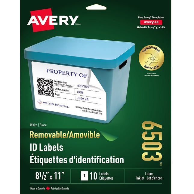 Étiquettes D'Identification Amovible D'Avery, 8-1/2 X 11 Po, 10/Pqt