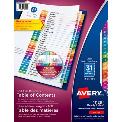 Intercalaires En Couleur Avec Table Des Matières "Ready Index" D'Avery, 1-31